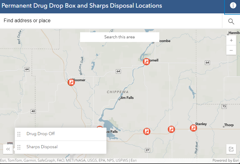 Map of drug drop-off and sharps disposal sites in Chippewa County